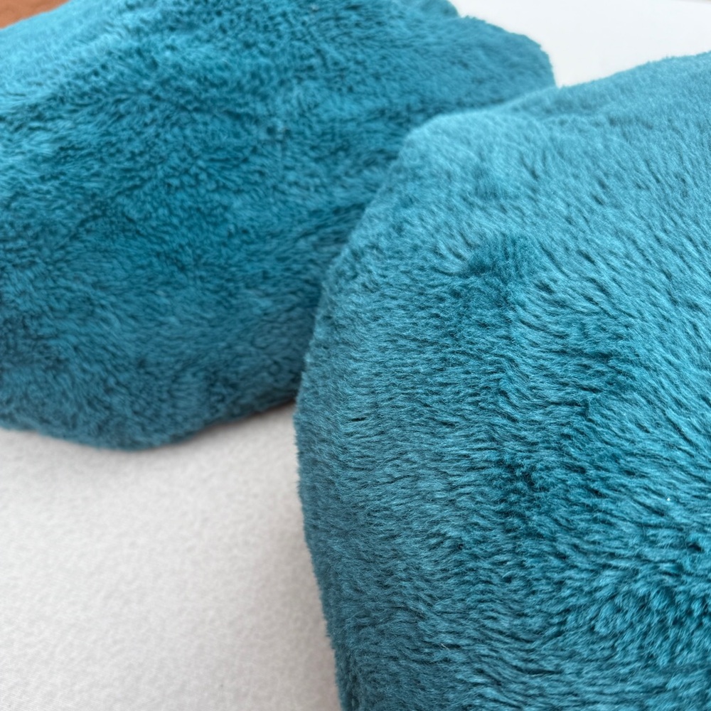 Set of 2 24” Teal blue Round faux fur Plush Pillows floor poufs